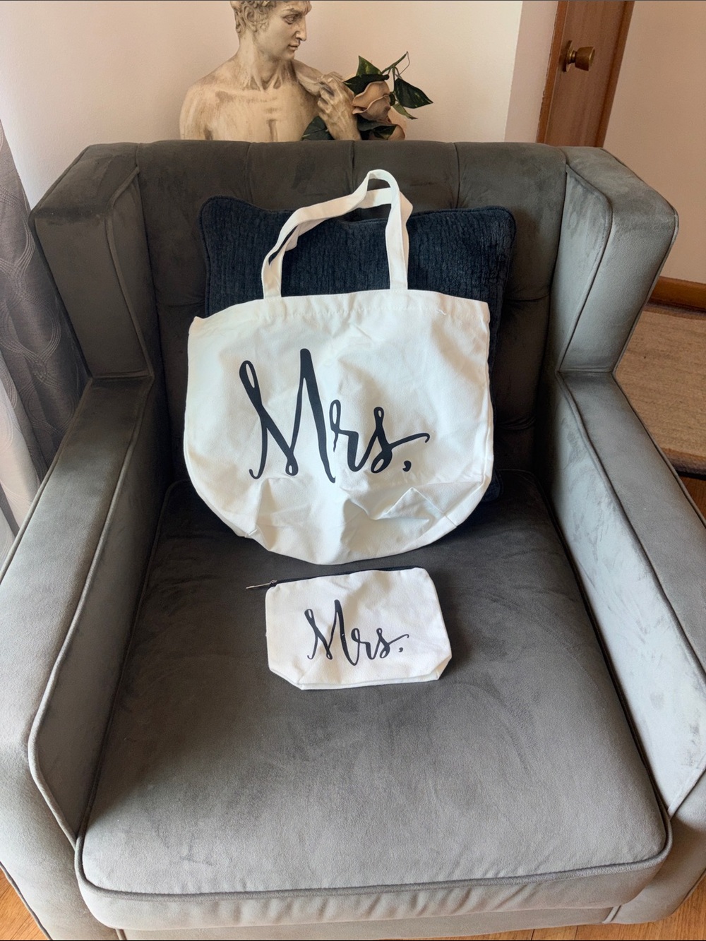 Mrs. Canvas Tote and Pouch Set - White with Black Script